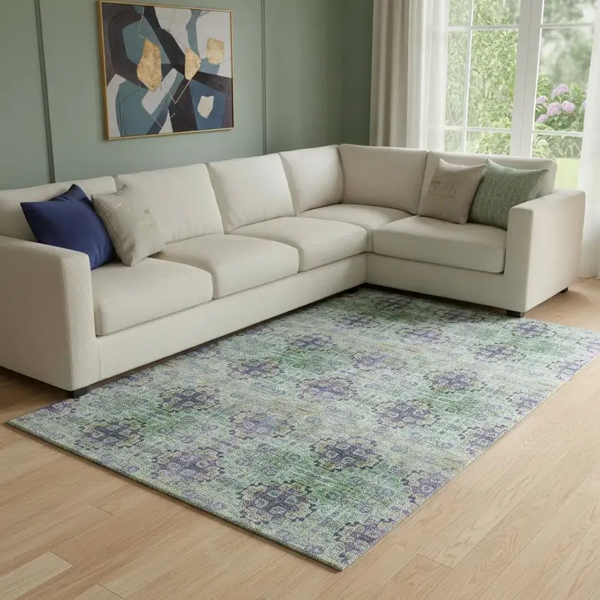 Purple Green And Ivory Floral Medallion Washable Area Rug With UV Protection Photo 1