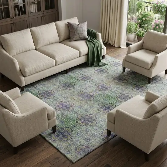 Purple Green And Ivory Floral Medallion Distressed Washable Area Rug With UV Protection Photo 1