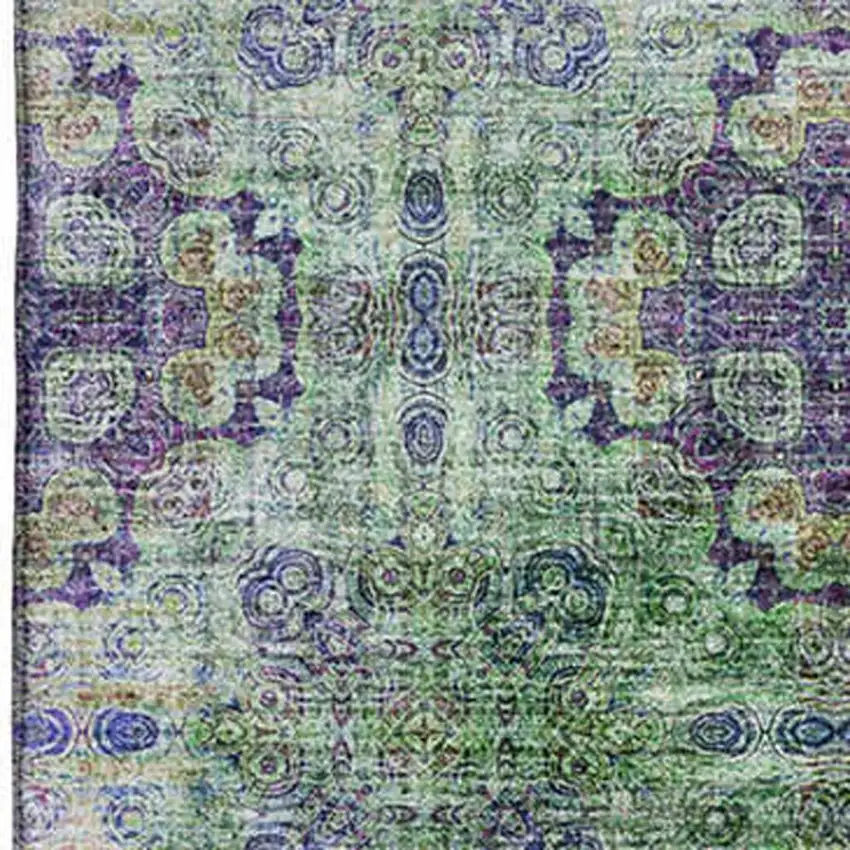 Purple Green And Ivory Floral Medallion Washable Area Rug With UV Protection Photo 3