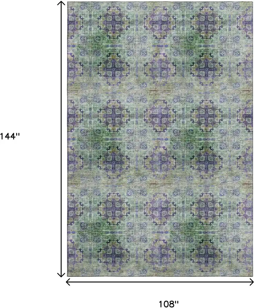 Purple Green And Ivory Floral Medallion Washable Area Rug With UV Protection Photo 3
