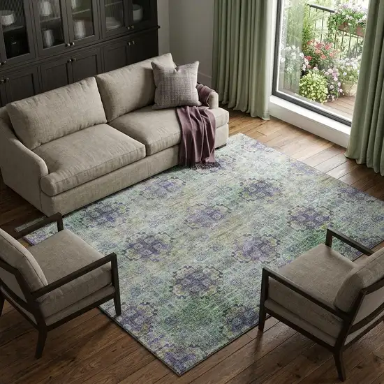 Purple Green And Ivory Floral Medallion Distressed Washable Area Rug With UV Protection Photo 1