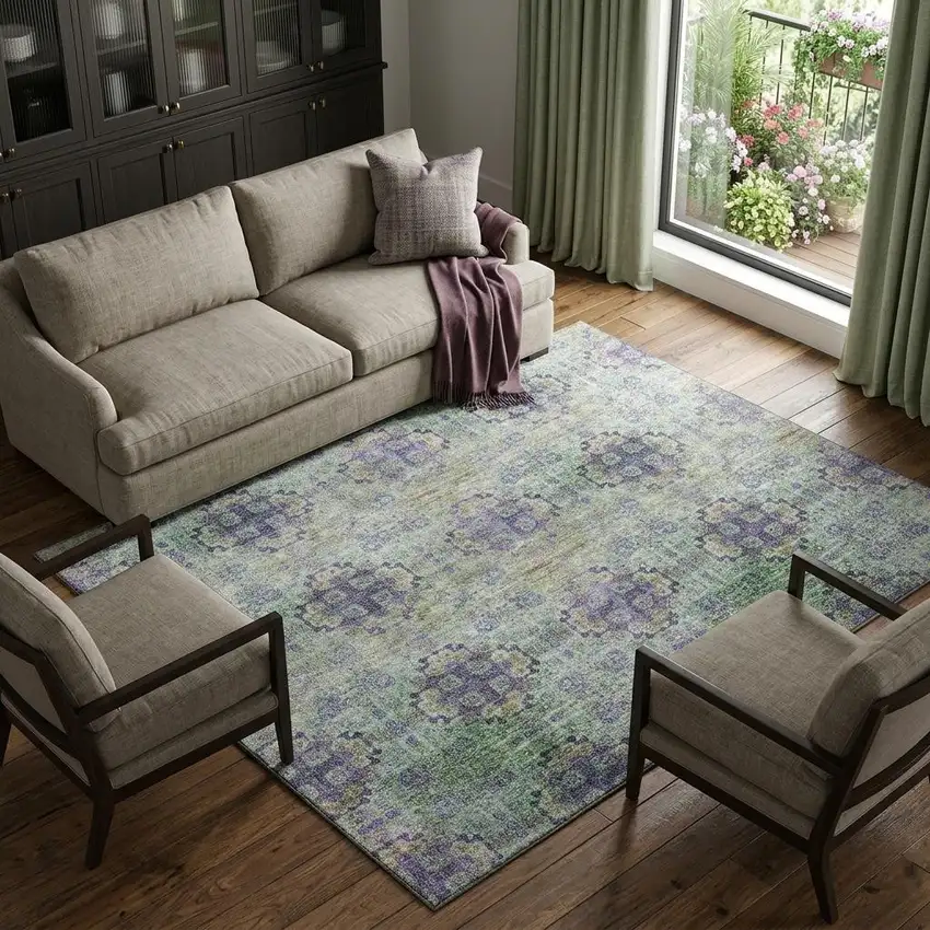 Purple Green And Ivory Floral Medallion Distressed Washable Area Rug With UV Protection Photo 1