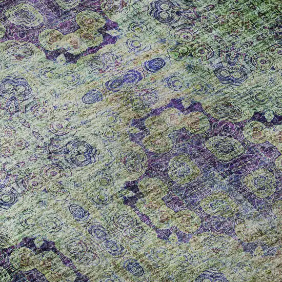 Purple Green And Ivory Floral Medallion Distressed Washable Area Rug With UV Protection Photo 9