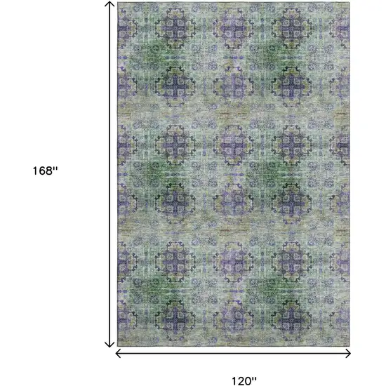 Purple Green And Ivory Floral Medallion Washable Area Rug With UV Protection Photo 3