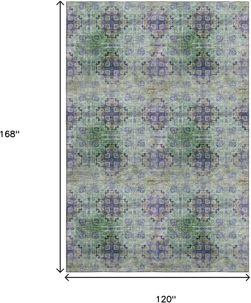 Purple Green And Ivory Floral Medallion Washable Area Rug With UV Protection Photo 3