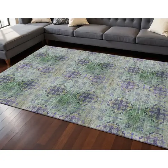 Purple Green And Ivory Floral Medallion Washable Area Rug With UV Protection Photo 2