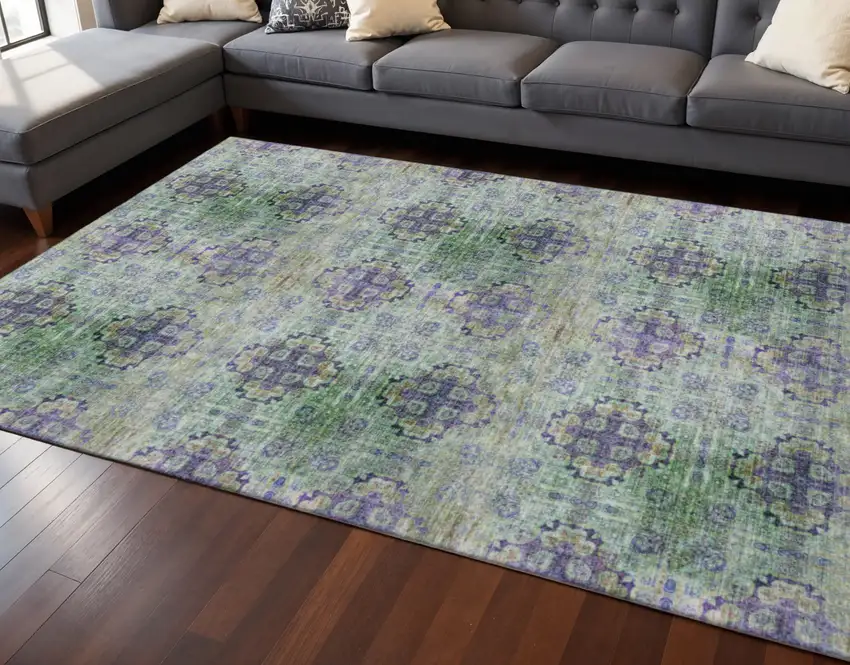 Purple Green And Ivory Floral Medallion Washable Area Rug With UV Protection Photo 2