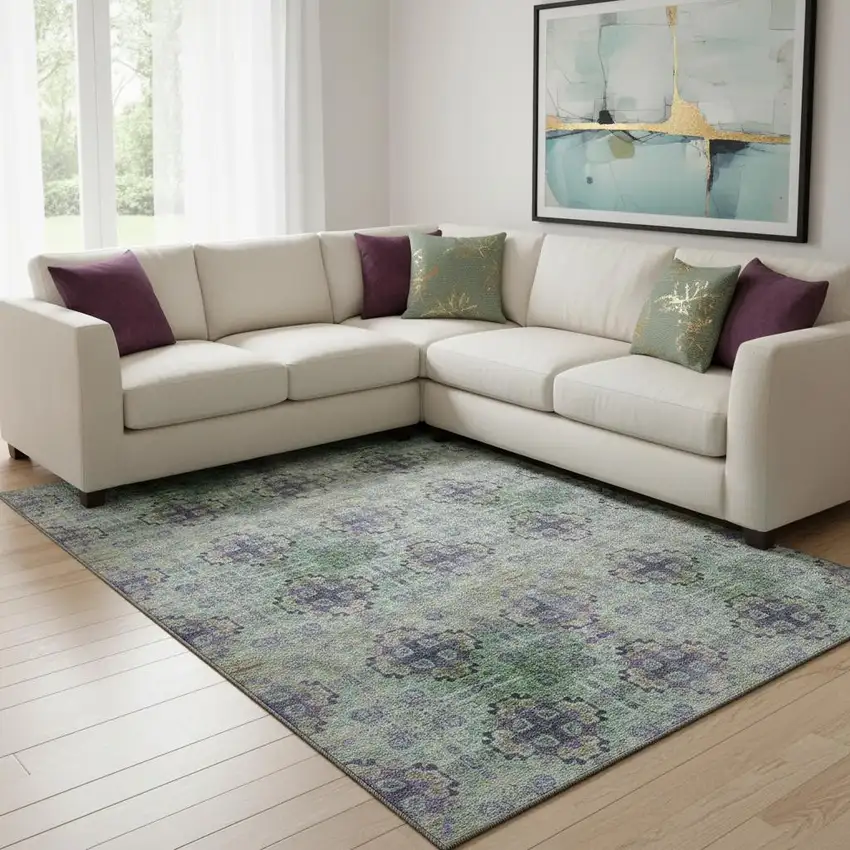 Purple Green And Ivory Floral Medallion Washable Area Rug With UV Protection Photo 1