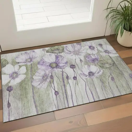 Purple Green And Ivory Floral Washable Area Rug With UV Protection Photo 1