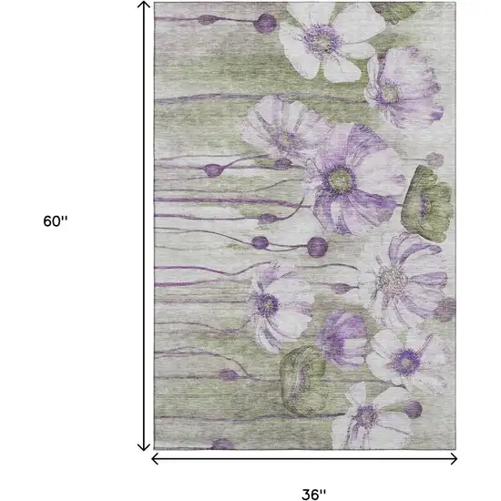 Purple Green And Ivory Floral Washable Area Rug With UV Protection Photo 5