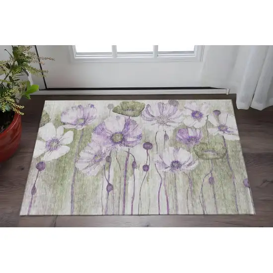 Purple Green And Ivory Floral Washable Area Rug With UV Protection Photo 2
