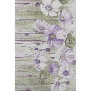 Photo of Purple Green And Ivory Floral Washable Area Rug With UV Protection