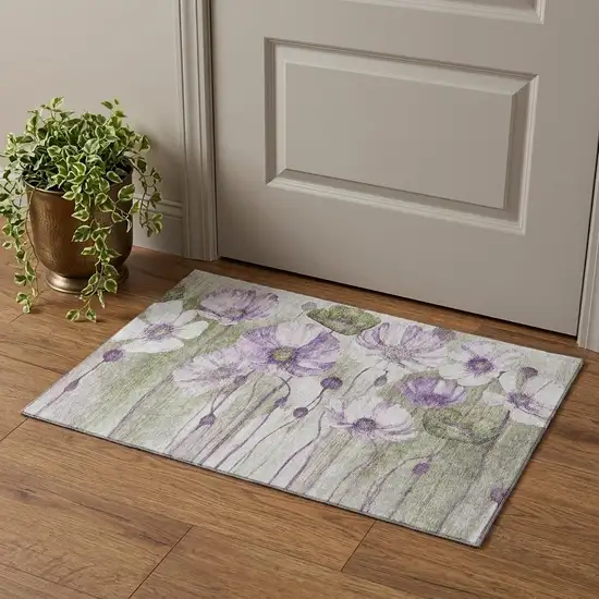 Purple Green And Ivory Floral Washable Area Rug With UV Protection Photo 1