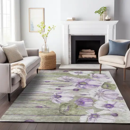 Purple Green And Ivory Floral Washable Area Rug With UV Protection Photo 3