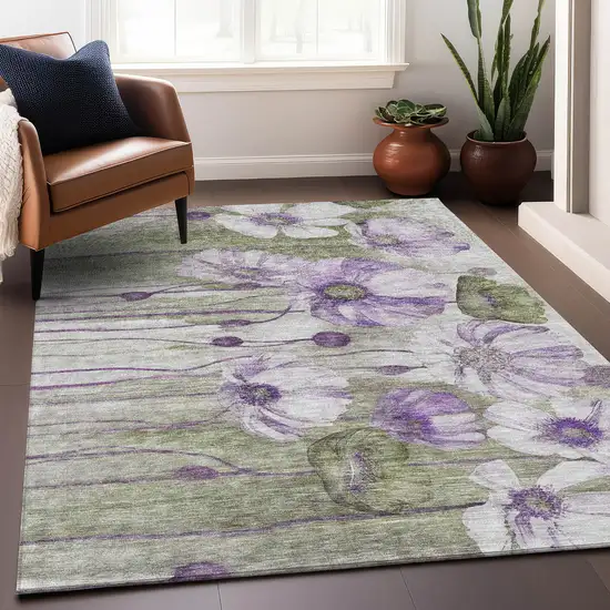 Purple Green And Ivory Floral Washable Area Rug With UV Protection Photo 4