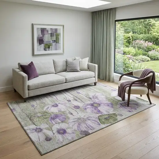 Purple Green And Ivory Floral Washable Area Rug With UV Protection Photo 1
