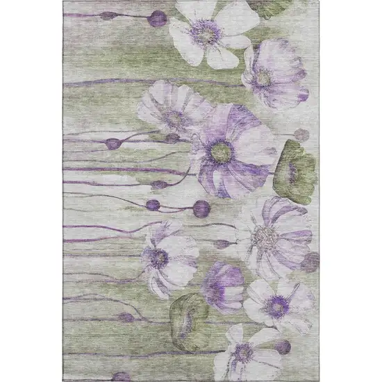 Purple Green And Ivory Floral Washable Area Rug With UV Protection Photo 2