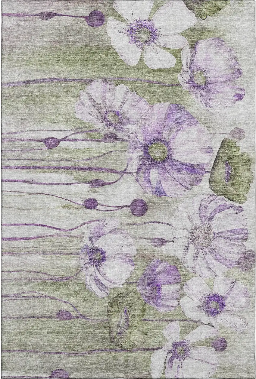 Purple Green And Ivory Floral Washable Area Rug With UV Protection Photo 2