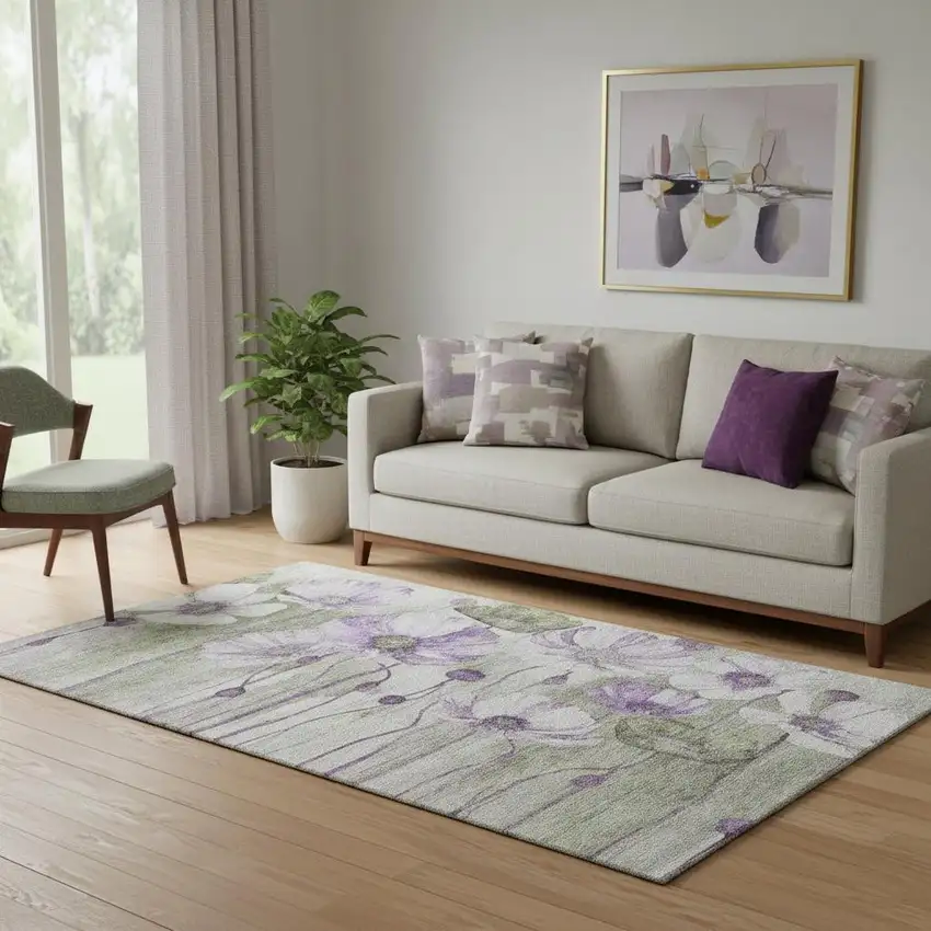 Purple Green And Ivory Floral Washable Area Rug With UV Protection Photo 1