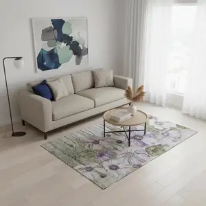 Photo of Purple Green And Ivory Floral Washable Area Rug With UV Protection