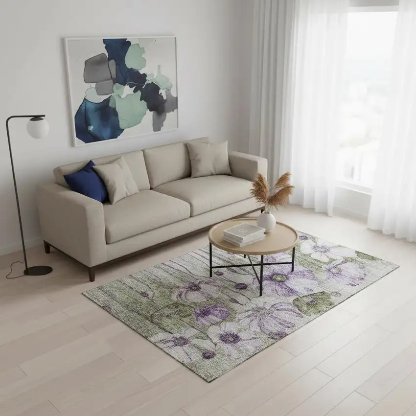 Purple Green And Ivory Floral Washable Area Rug With UV Protection Photo 1