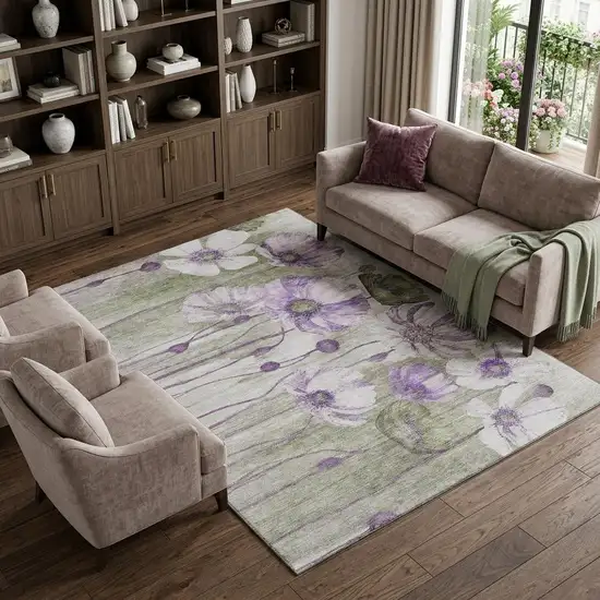 Purple Green And Ivory Floral Washable Area Rug With UV Protection Photo 1