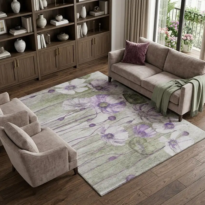 Purple Green And Ivory Floral Washable Area Rug With UV Protection Photo 1