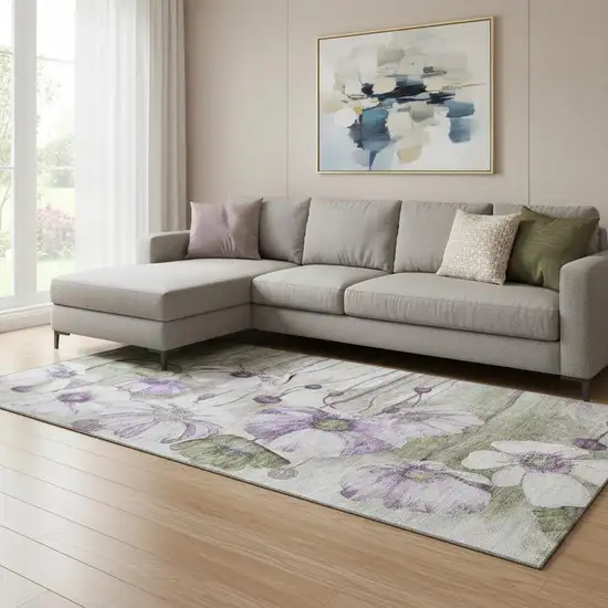 Purple Green And Ivory Floral Washable Area Rug With UV Protection Photo 1