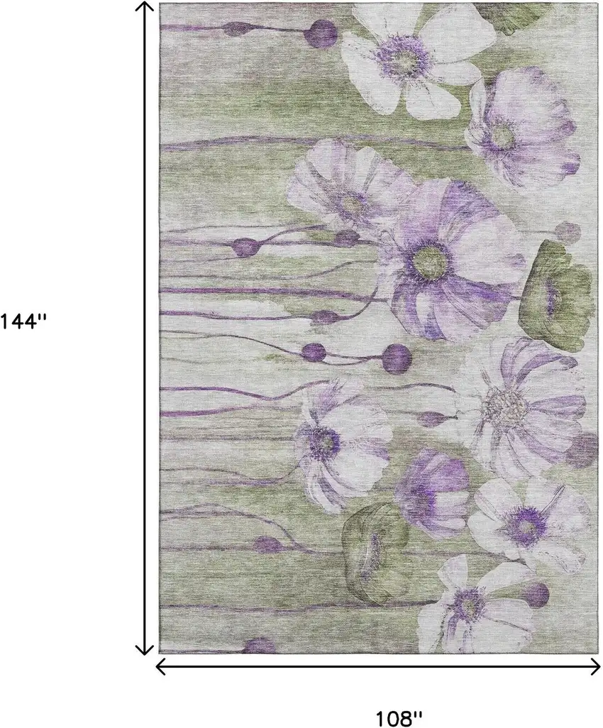 Purple Green And Ivory Floral Washable Area Rug With UV Protection Photo 3