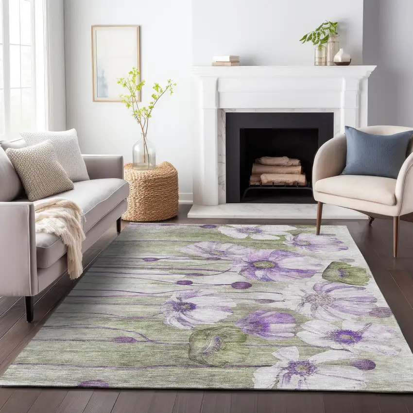 Purple Green And Ivory Floral Washable Area Rug With UV Protection Photo 5