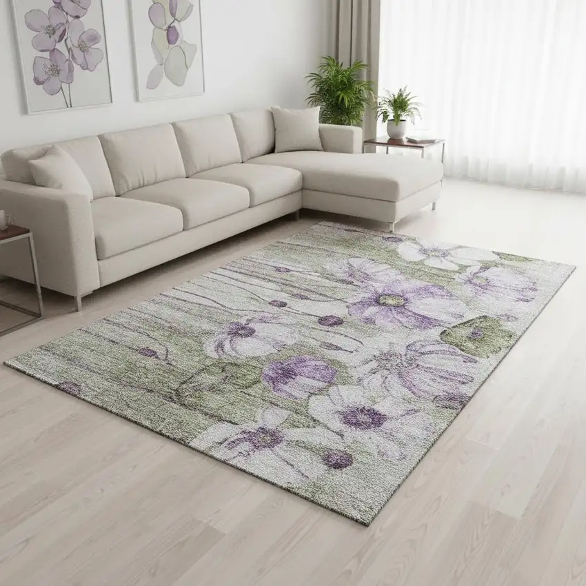 Purple Green And Ivory Floral Washable Area Rug With UV Protection Photo 1