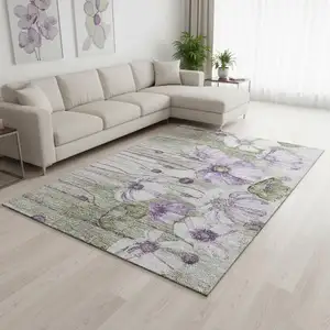 Photo of Purple Green And Ivory Floral Washable Area Rug With UV Protection