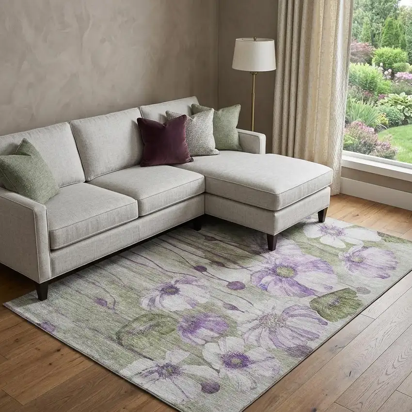 Purple Green And Ivory Floral Washable Area Rug With UV Protection Photo 1