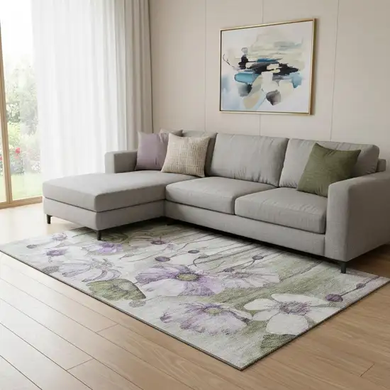 Purple Green And Ivory Floral Washable Area Rug With UV Protection Photo 1