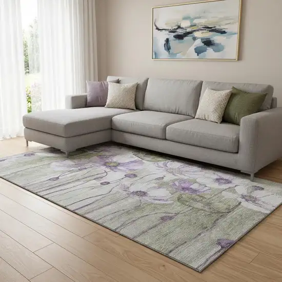 Purple Green And Ivory Floral Washable Area Rug With UV Protection Photo 1