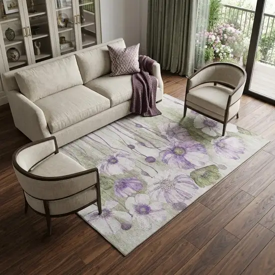 Purple Green And Ivory Floral Washable Area Rug With UV Protection Photo 1