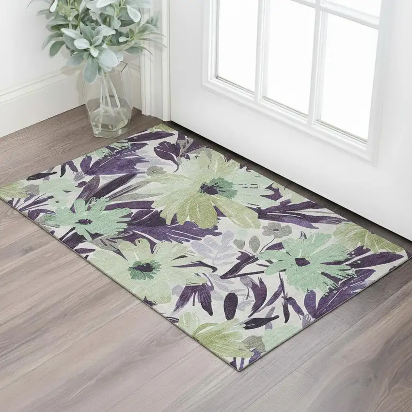 Purple Green And Ivory Floral Washable Area Rug With UV Protection Photo 2