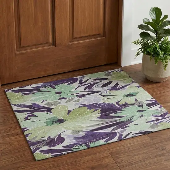 Purple Green And Ivory Floral Washable Area Rug With UV Protection Photo 1