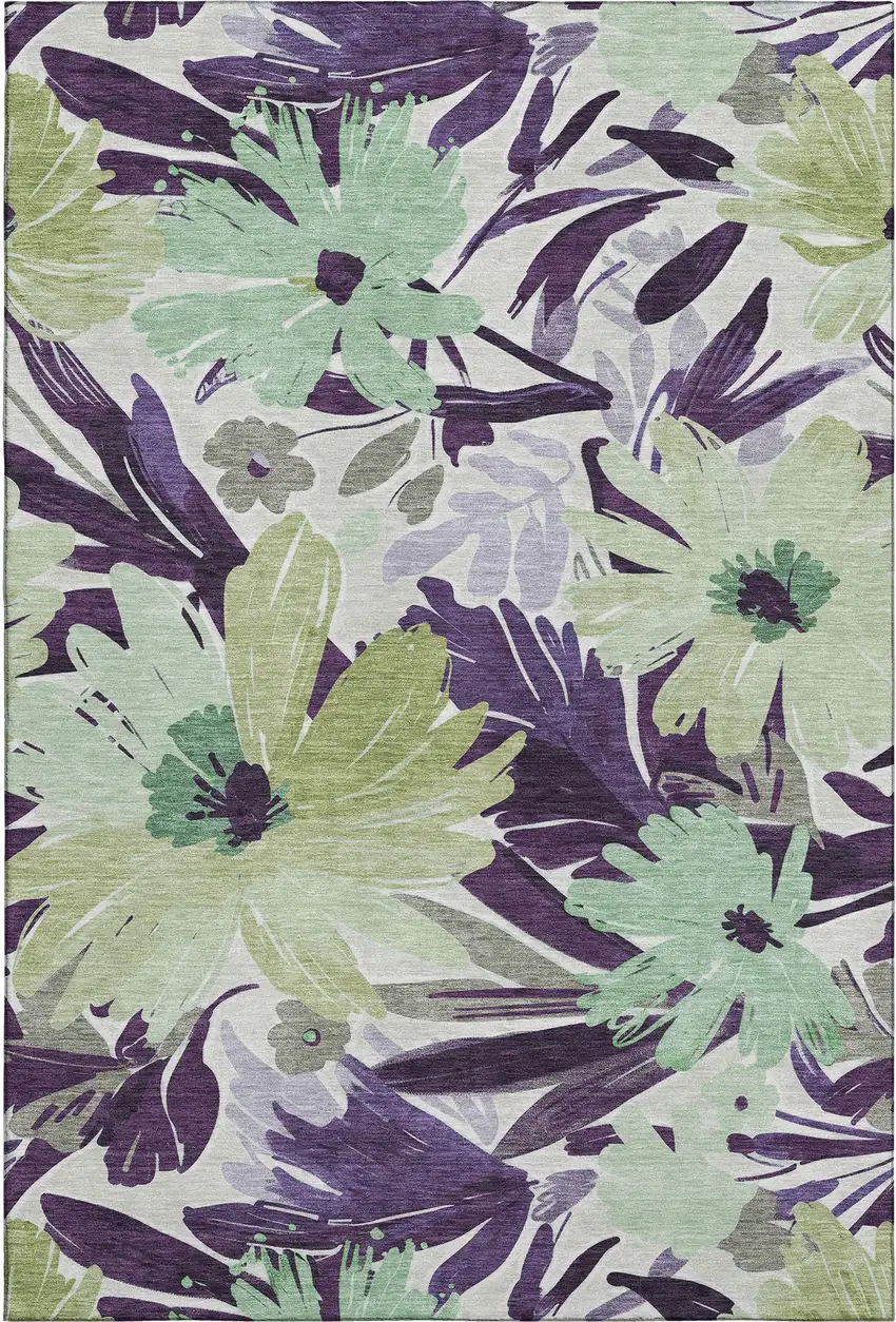 Purple Green And Ivory Floral Washable Area Rug With UV Protection Photo 1