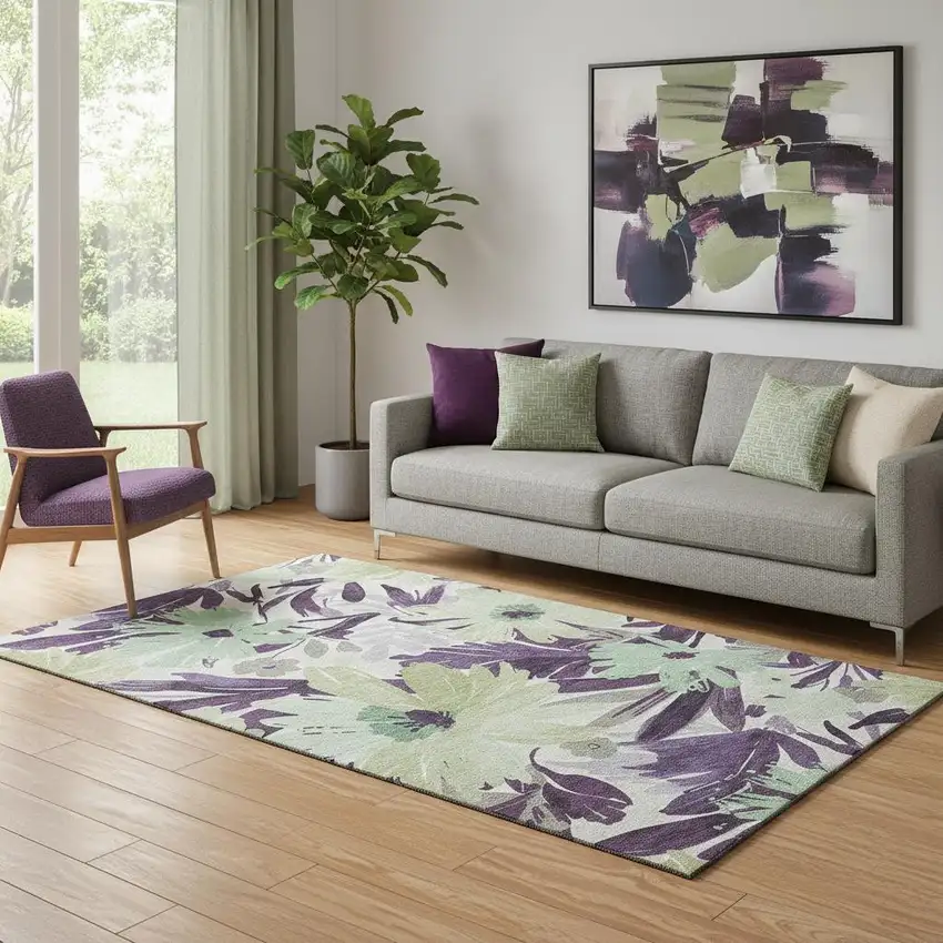 Purple Green And Ivory Floral Washable Area Rug With UV Protection Photo 2
