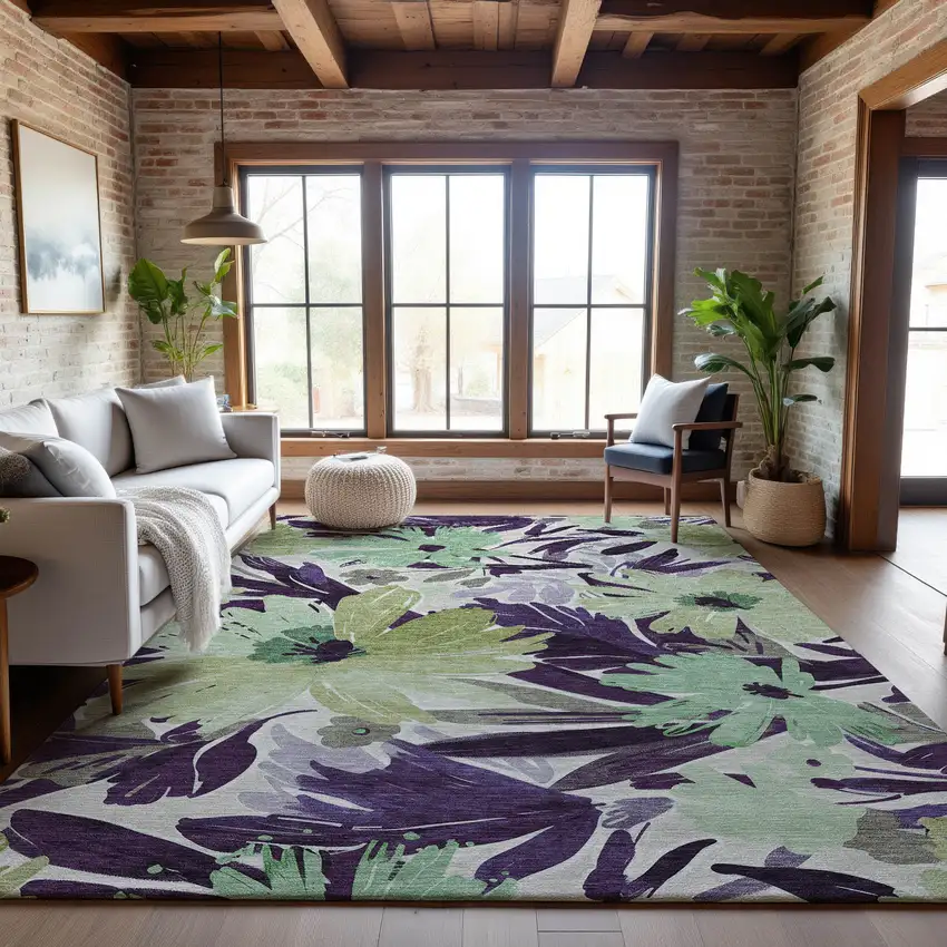 Purple Green And Ivory Floral Washable Area Rug With UV Protection Photo 5