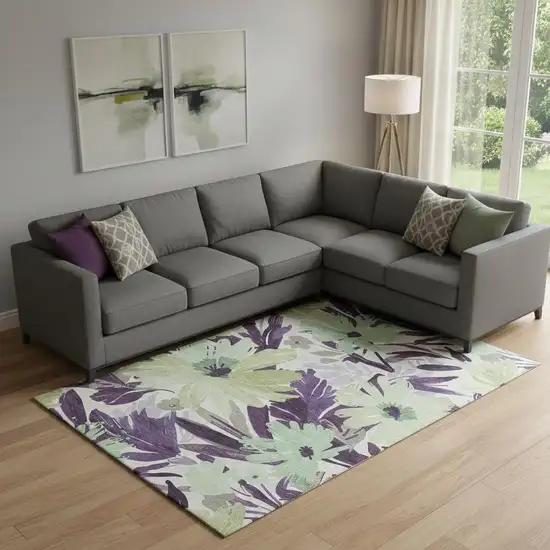 Purple Green And Ivory Floral Washable Area Rug With UV Protection Photo 2