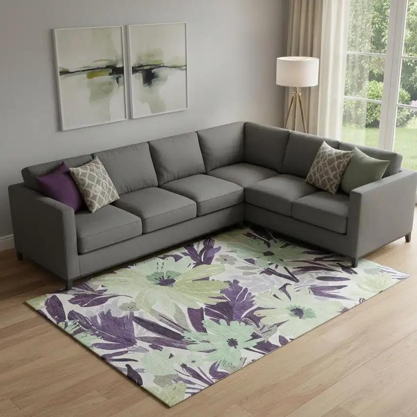 Purple Green And Ivory Floral Washable Area Rug With UV Protection Photo 2