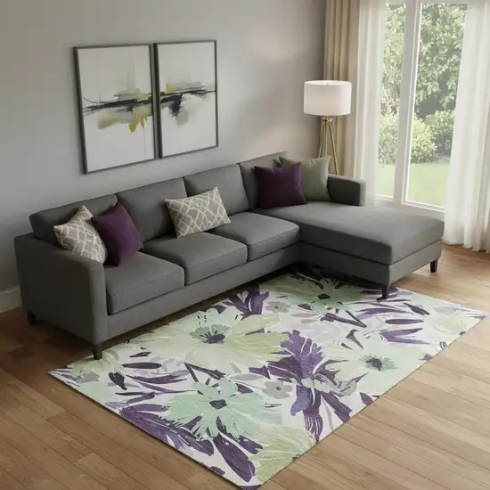 Purple Green And Ivory Floral Washable Area Rug With UV Protection Photo 2