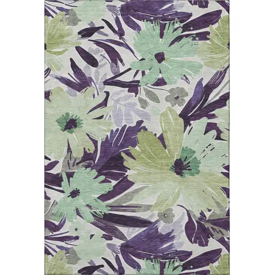 Purple Green And Ivory Floral Washable Area Rug With UV Protection Photo 3