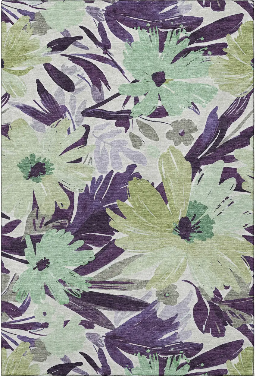 Purple Green And Ivory Floral Washable Area Rug With UV Protection Photo 3