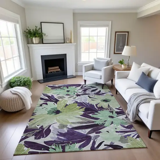 Purple Green And Ivory Floral Washable Area Rug With UV Protection Photo 4