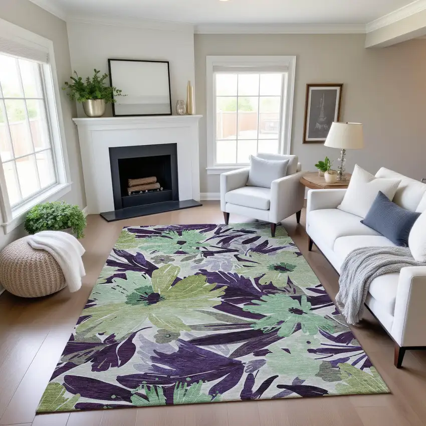 Purple Green And Ivory Floral Washable Area Rug With UV Protection Photo 4