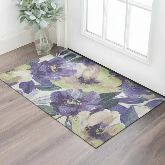Purple Green And Ivory Floral Washable Area Rug With UV Protection Photo 2