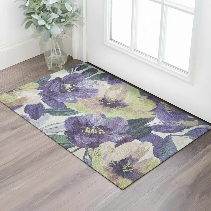 Purple Green And Ivory Floral Washable Area Rug With UV Protection Photo 2